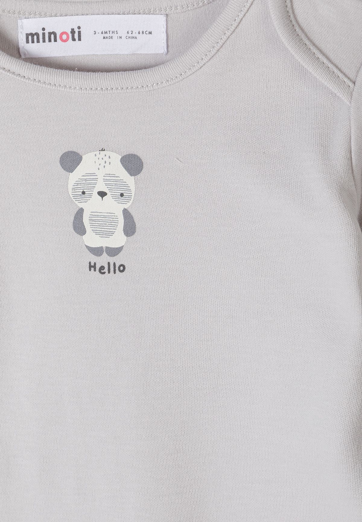 Close-up of small panda and Hello print on grey baby bodysuit chest.