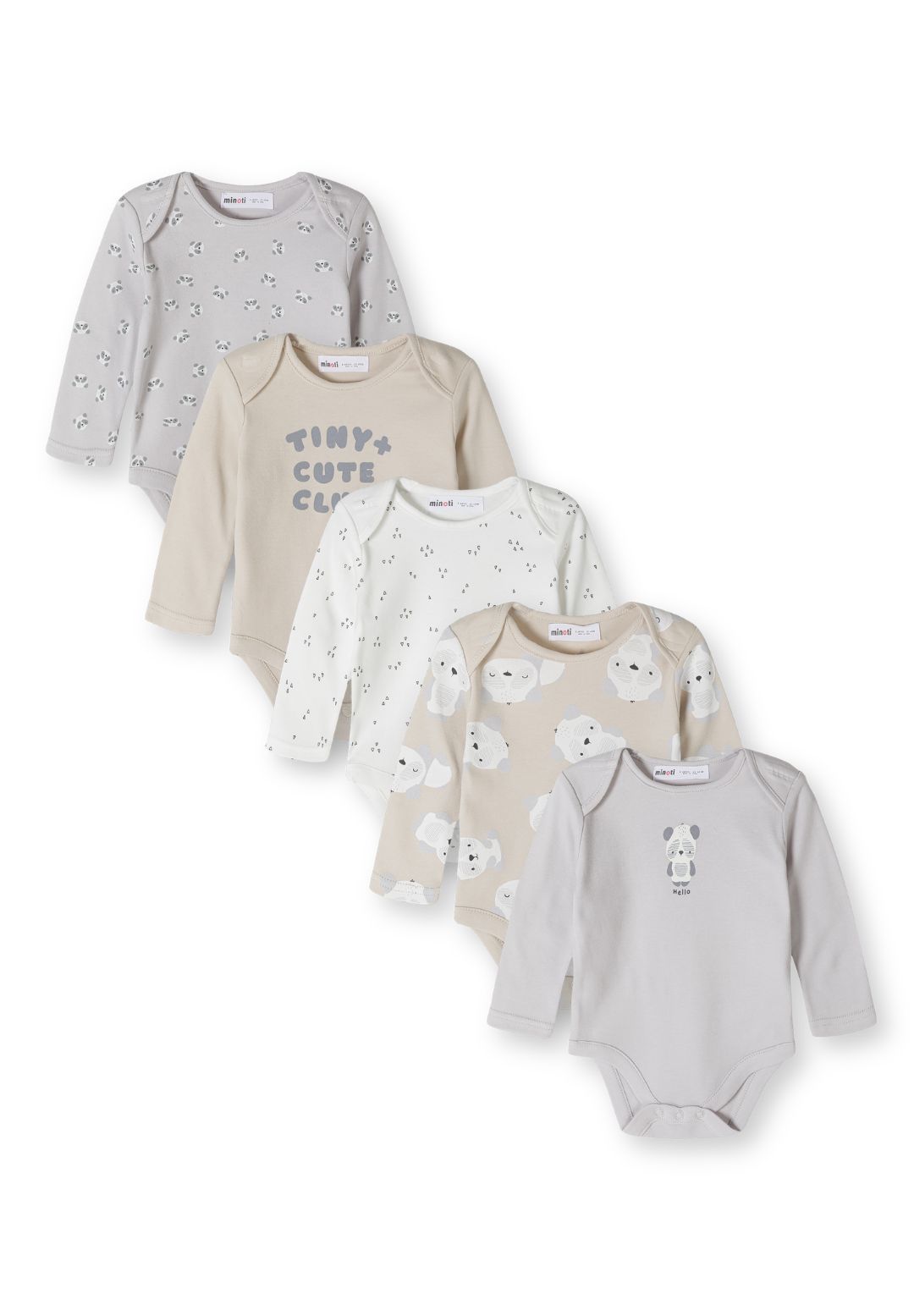 Babyhemdjes met lange mouwen in beige, grijs en wit met print (set van 5), alle vijf de hemdjes.