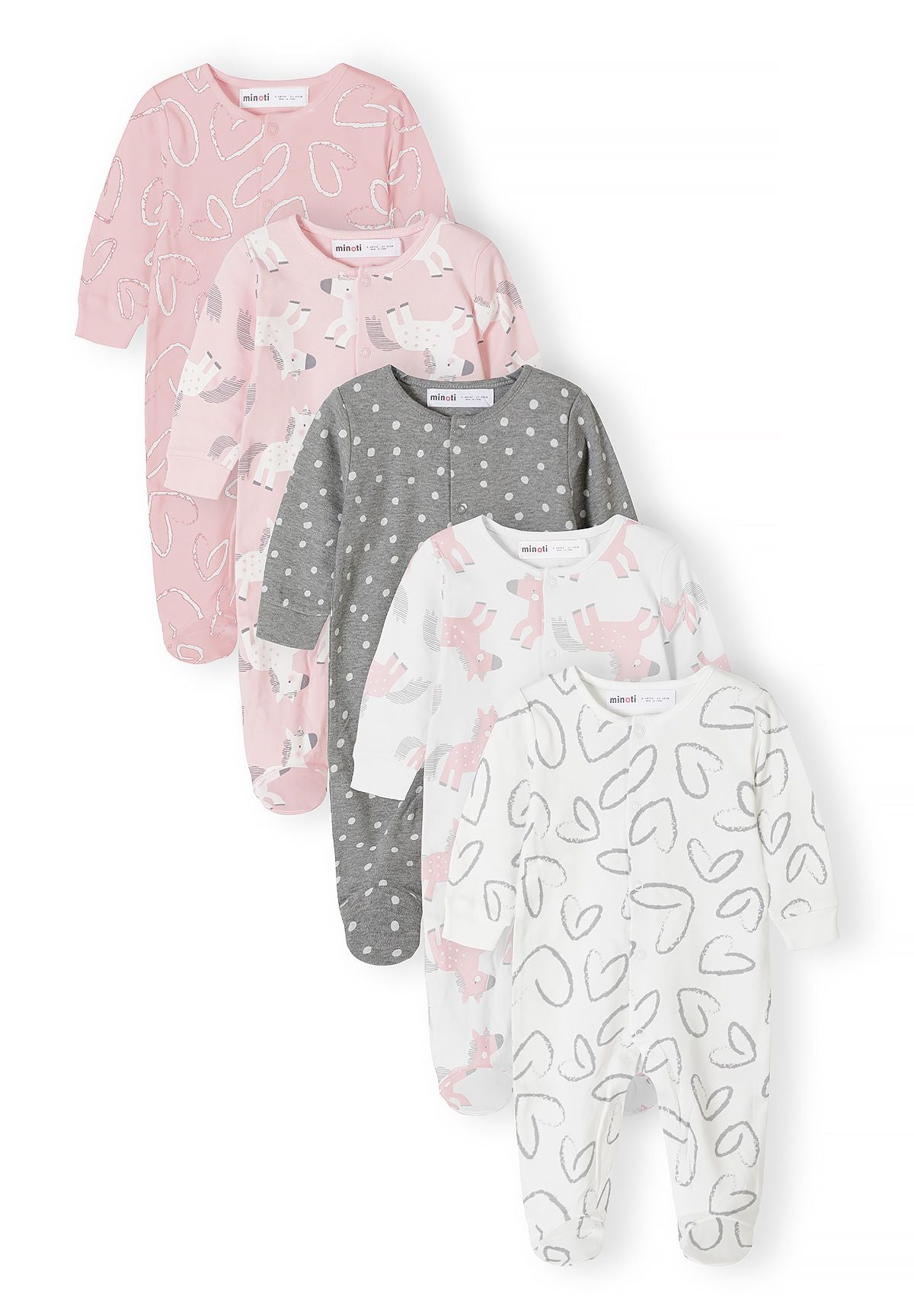 Baby-slaappakjes met een roze, grijze en witte eenhoornprint (set van 5), alle vijf de slaappakjes.