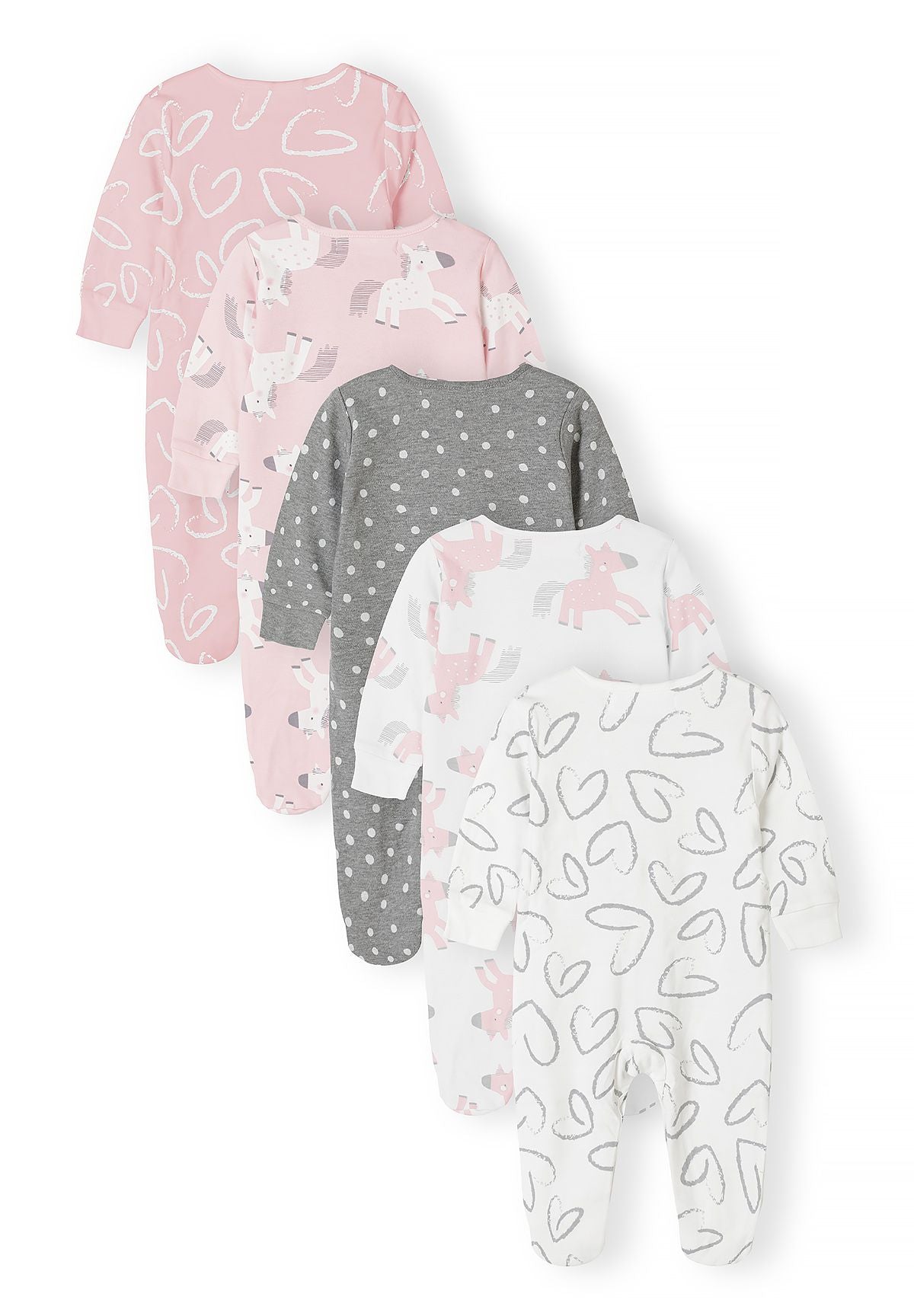 Babyroze, grijze en witte slaapzakjes met eenhoornprint (set van 5), alle vijf slaapzakjes, achterkant.