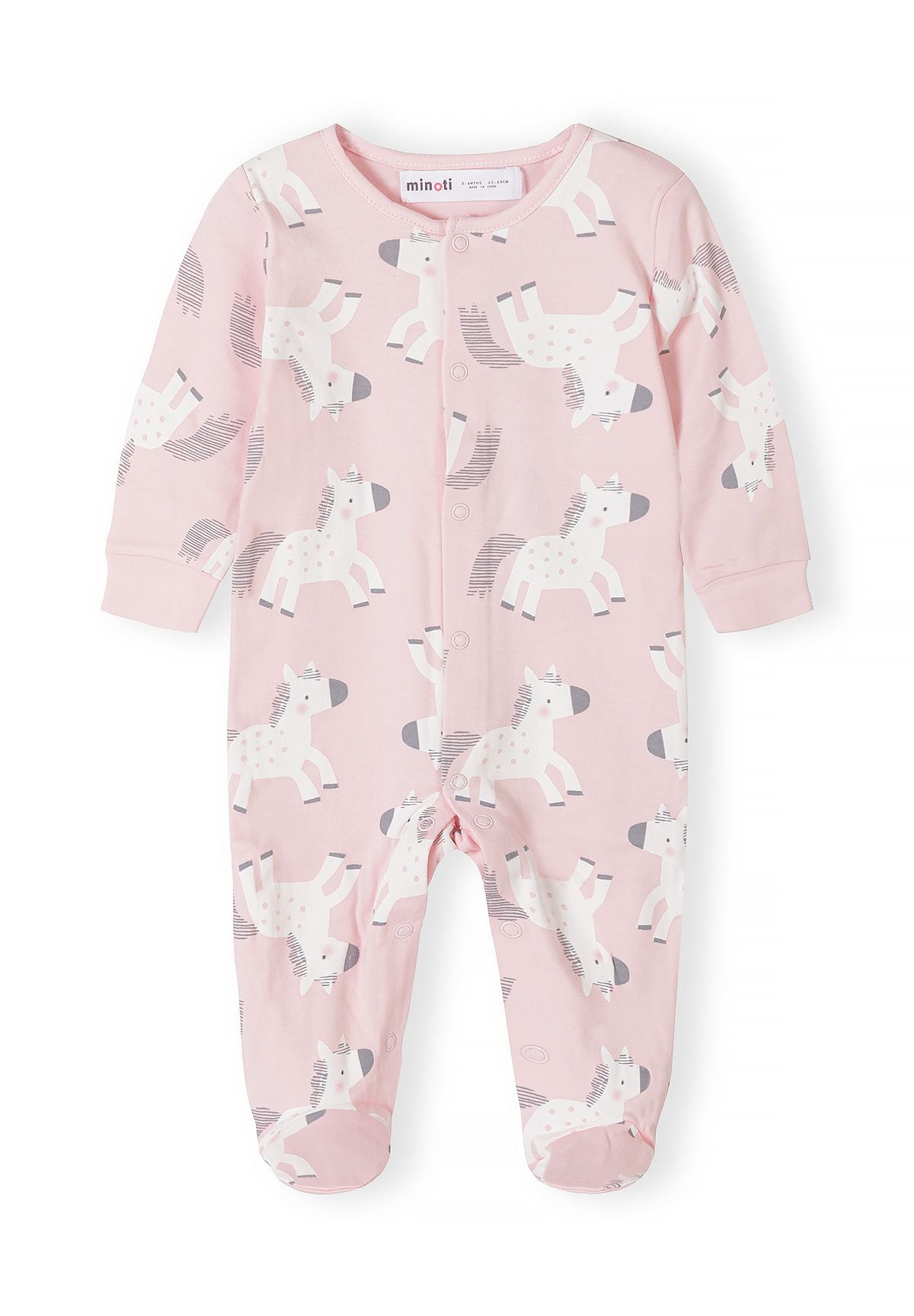 Babyroze, grijze en witte slaapzakjes met eenhoornprint (set van 5), roze slaapzakje met eenhoornprint, voorkant.