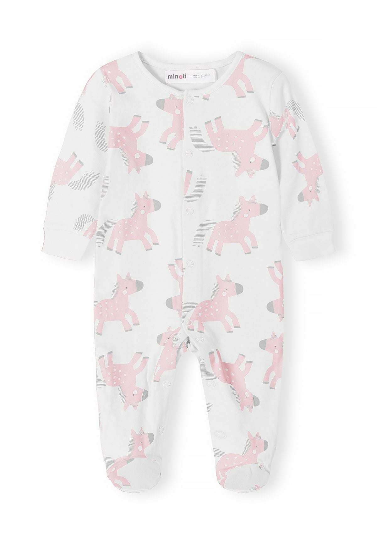 Babyroze, grijze en witte slaapzakjes met eenhoornprint (set van 5), wit slaapzakje met eenhoornprint, voorkant.