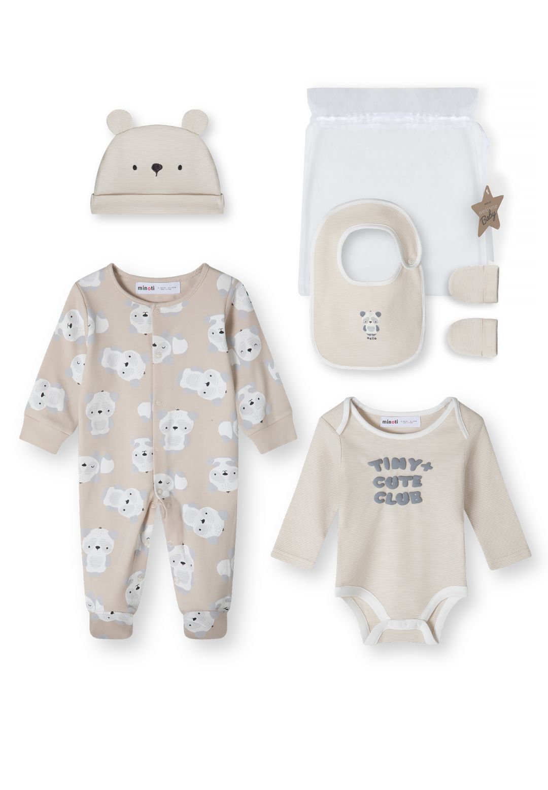 Babybeige cadeauset van 5 stuks met berenprint, alle vijf de onderdelen.