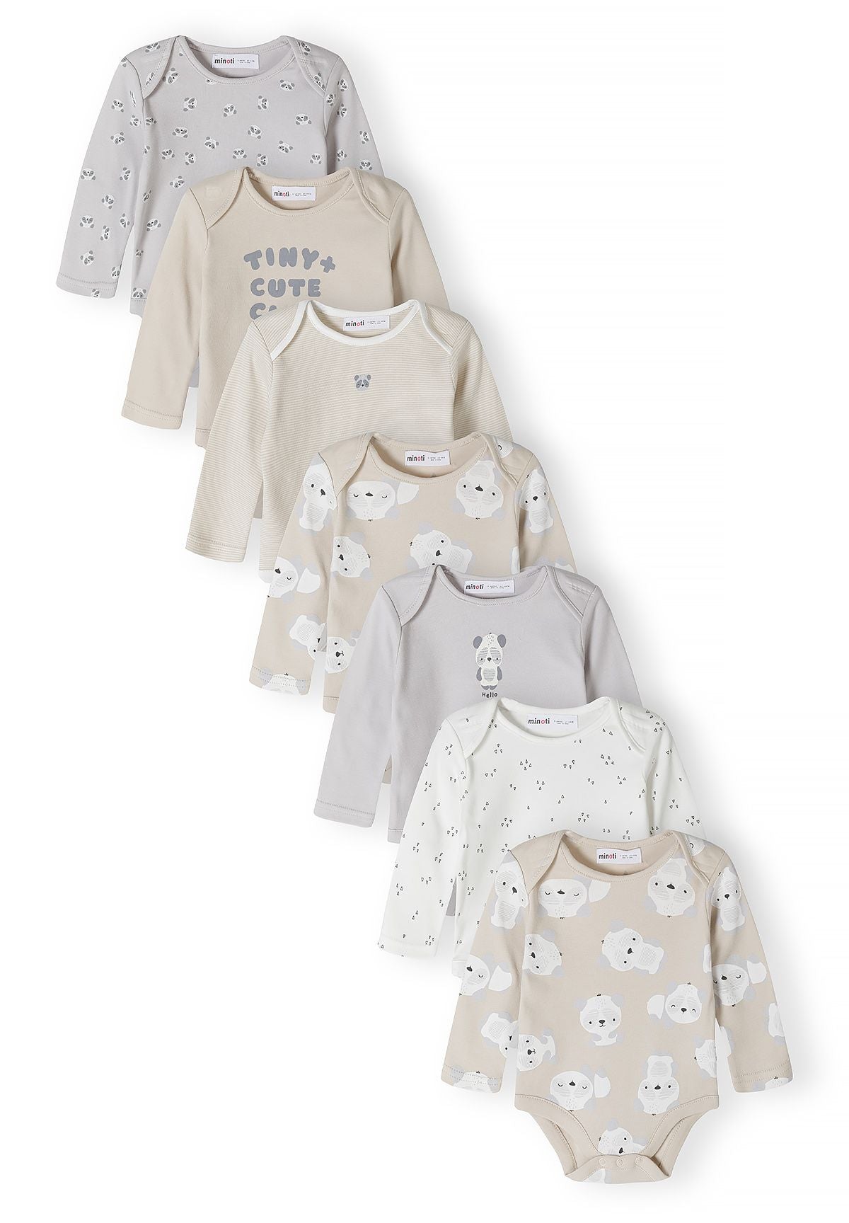 Babybeige, grijze en witte hemdjes met lange mouwen en print (7-pack), alle zeven hemdjes.