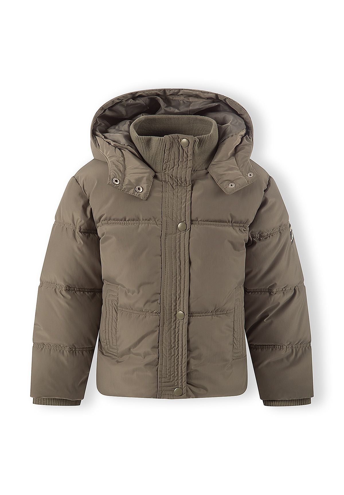 Front view of a khaki hooded puffer jacket with rib-knit inner collar and two vertical welt pockets.