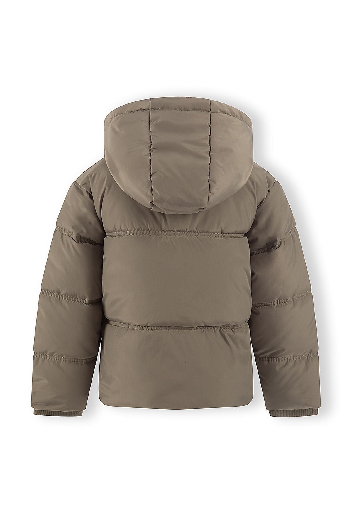Back view of a khaki hooded padded jacket with broad horizontal quilting and rib cuffs.