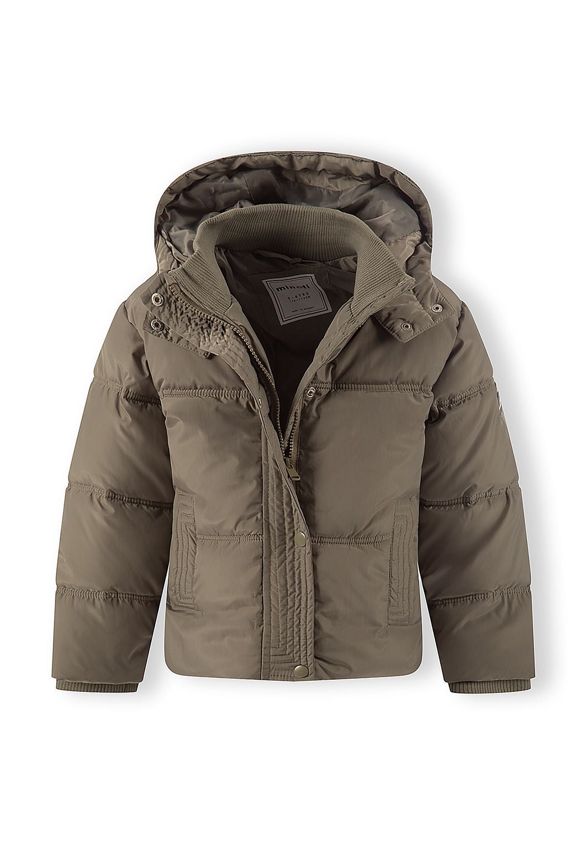 Khaki padded jacket opened at the neck to reveal a rib-knit collar, zip and snap placket beneath the hood.