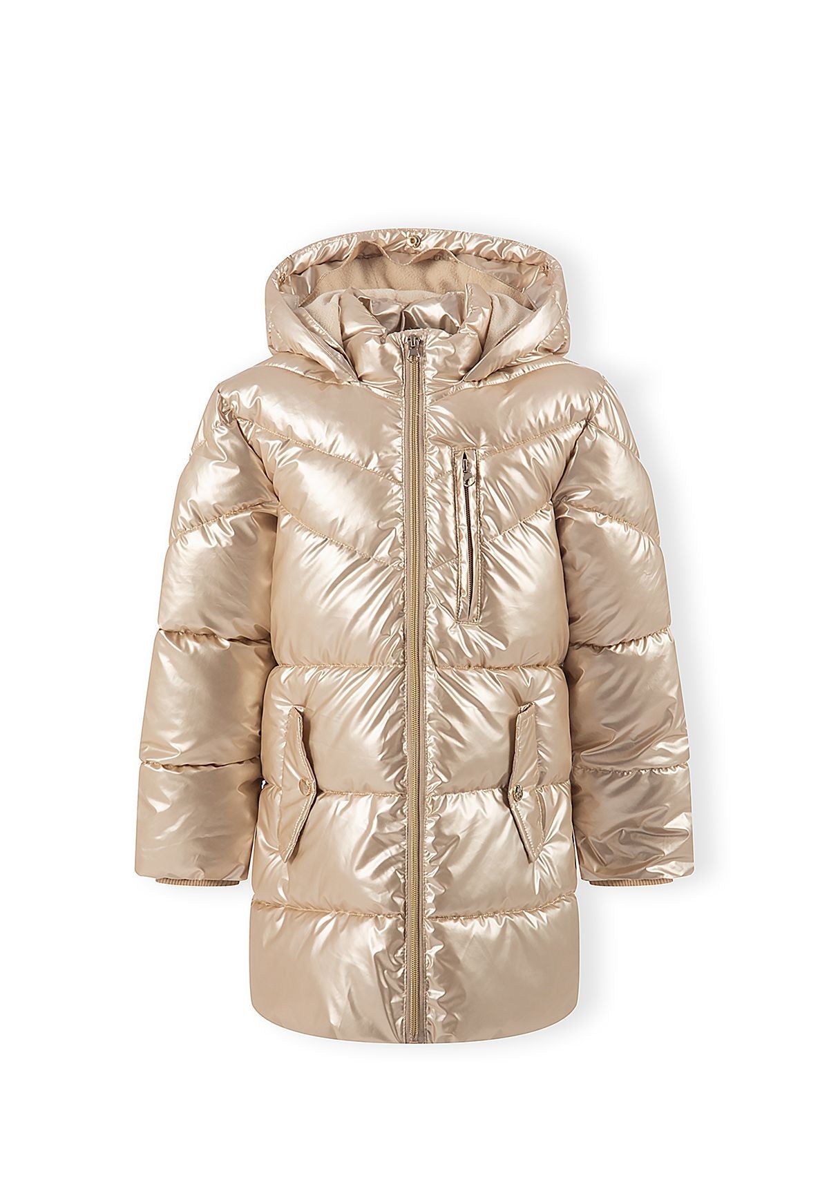 Girls' gold high-shine parka jacket with faux fur hood trim – Minoti 32COAT169, 6