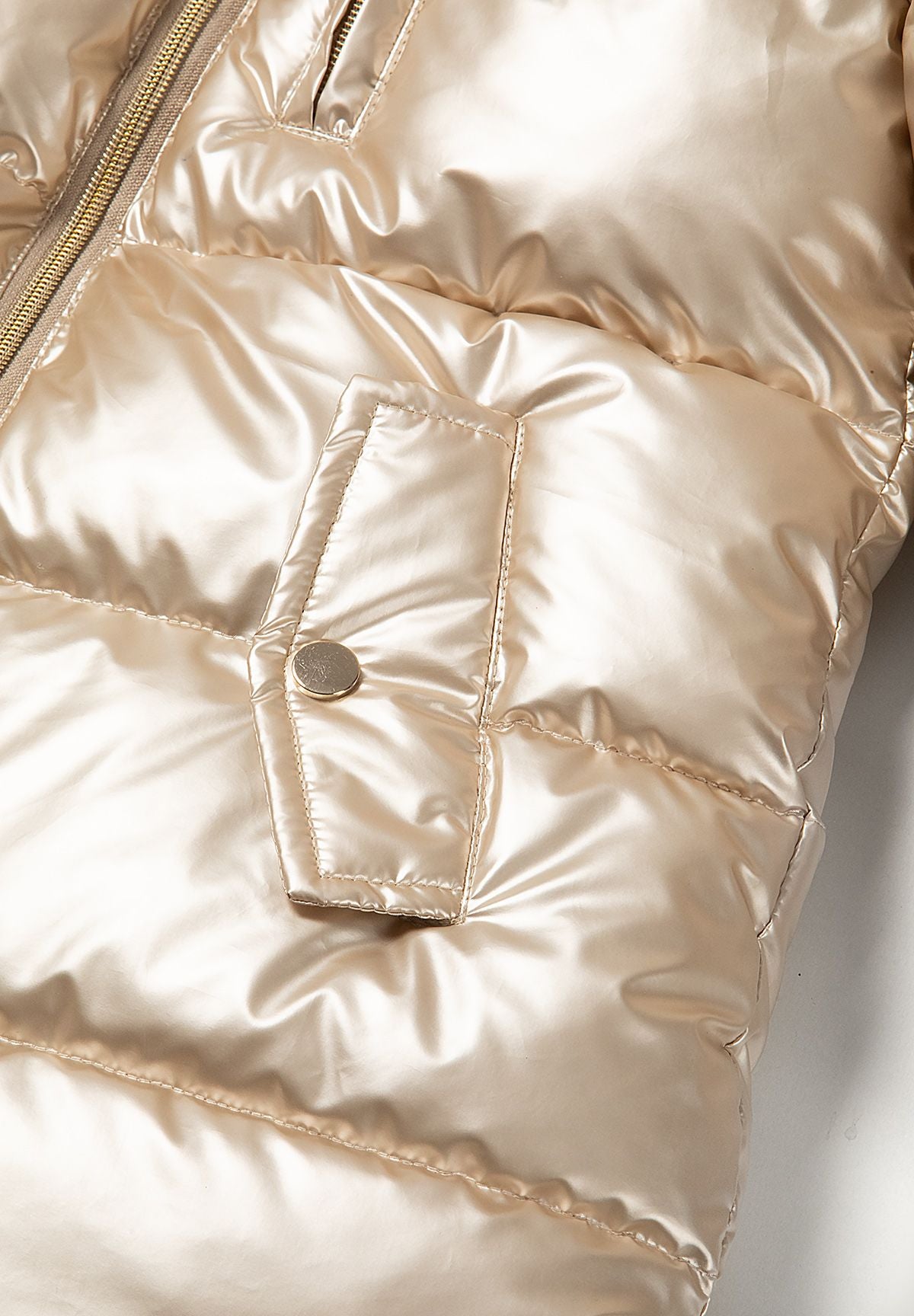 Girls' gold high-shine parka jacket with faux fur hood trim – Minoti 32COAT169, 11