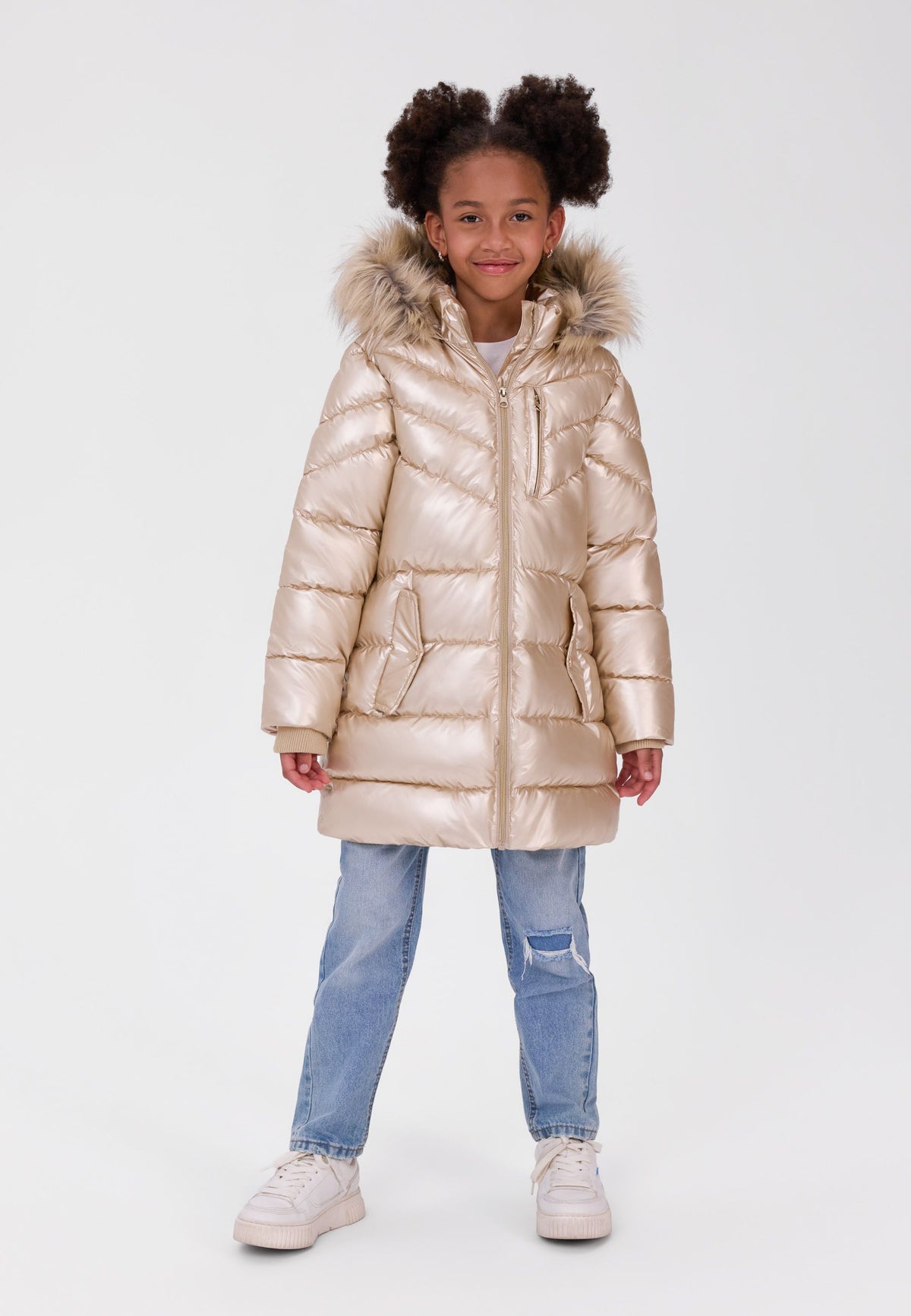Girls' gold high-shine parka jacket with faux fur hood trim – Minoti 32COAT169