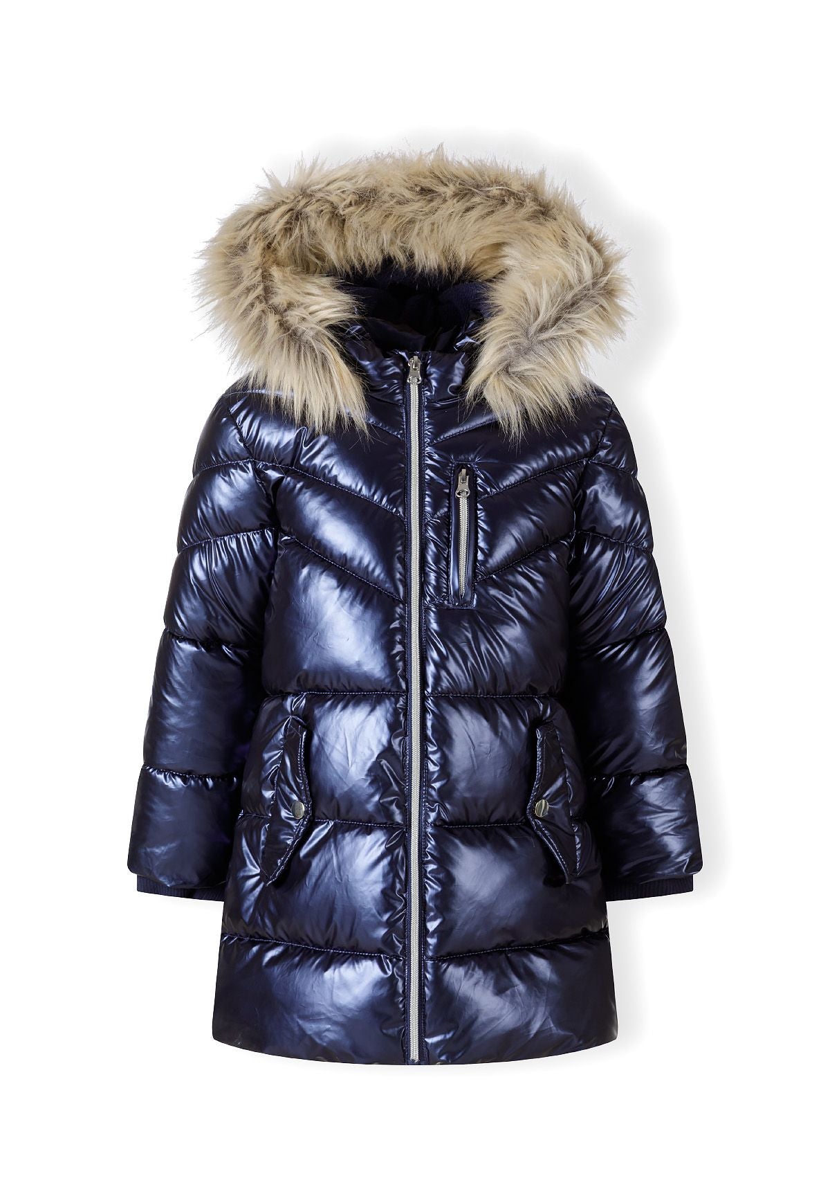 Girls' navy high-shine parka jacket with faux fur hood trim – Minoti 32COAT170
