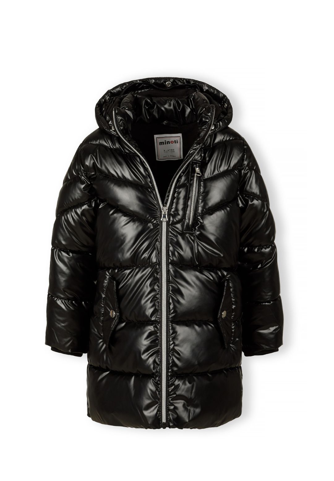 Girls' black high-shine parka jacket with faux fur hood trim – Minoti 32COAT170B, 4