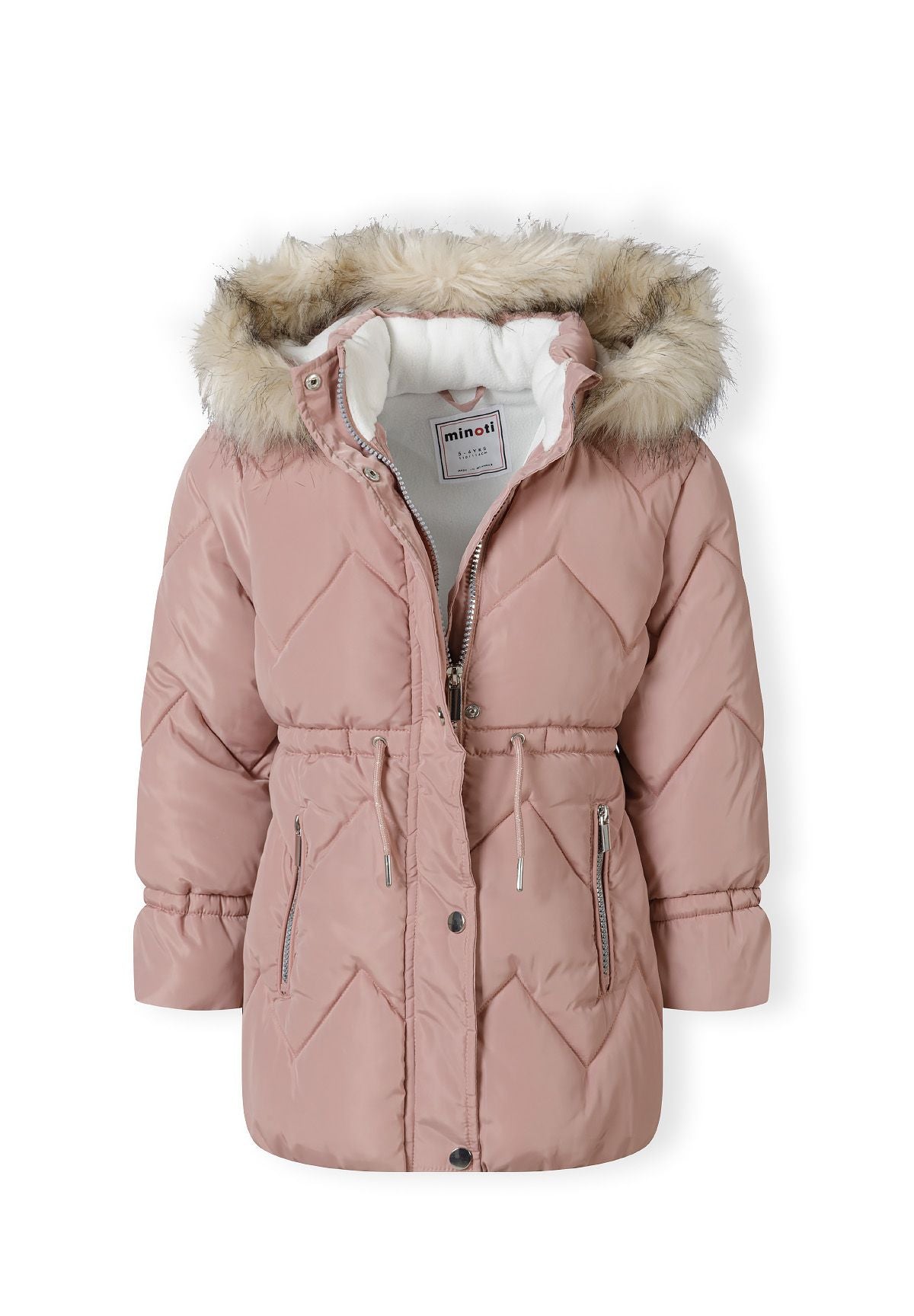Pink longline coat partly open to show white plush hood lining, central zip and silver snap front.