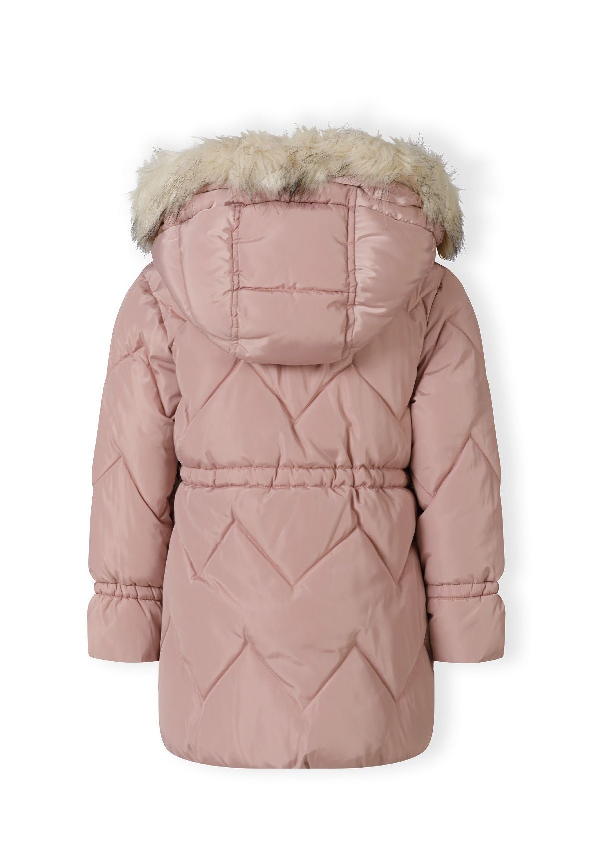 Back of a pink long padded coat with cream fluffy hood edge, zigzag quilting and gathered waist.