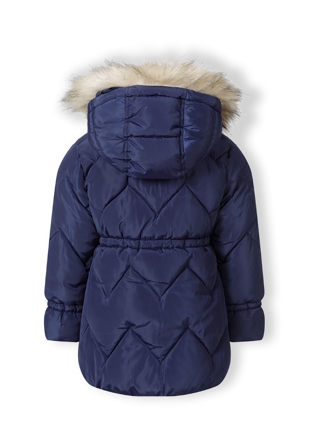 Back view of a navy padded coat with chevron quilting, gathered waist and cream fluffy hood edge.
