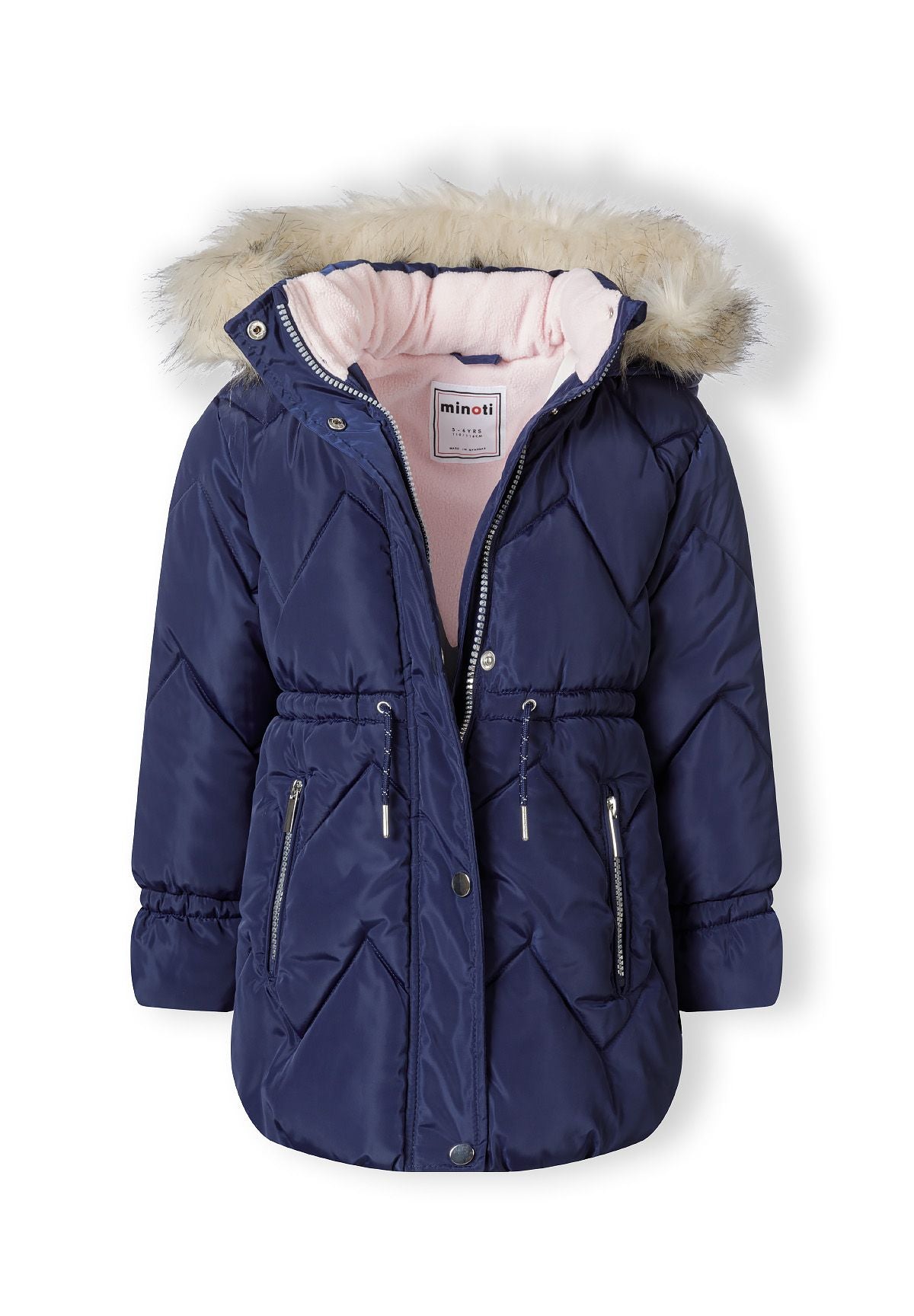 Navy padded coat partly open to show its pale pink fleece-lined hood and cream fluffy edging.
