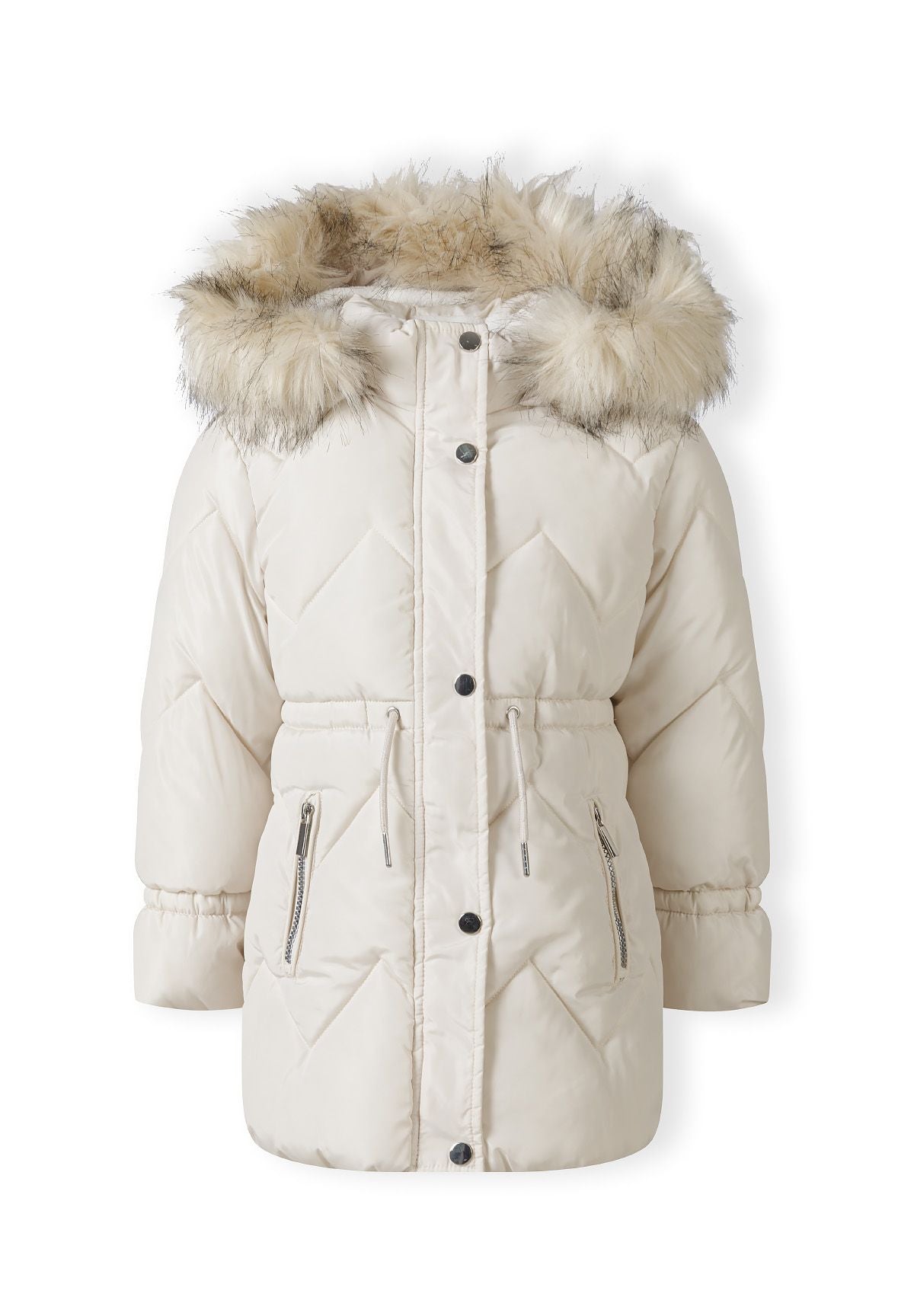Front view of cream chevron-quilted coat with fluffy hood trim, drawcord waist and two zip pockets.
