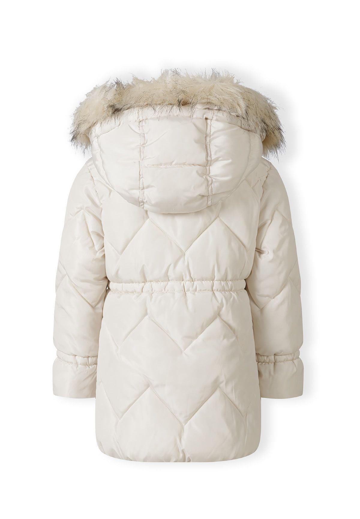 Back view of the cream longline coat with chevron quilting, cinched waist and fluffy hood edge.