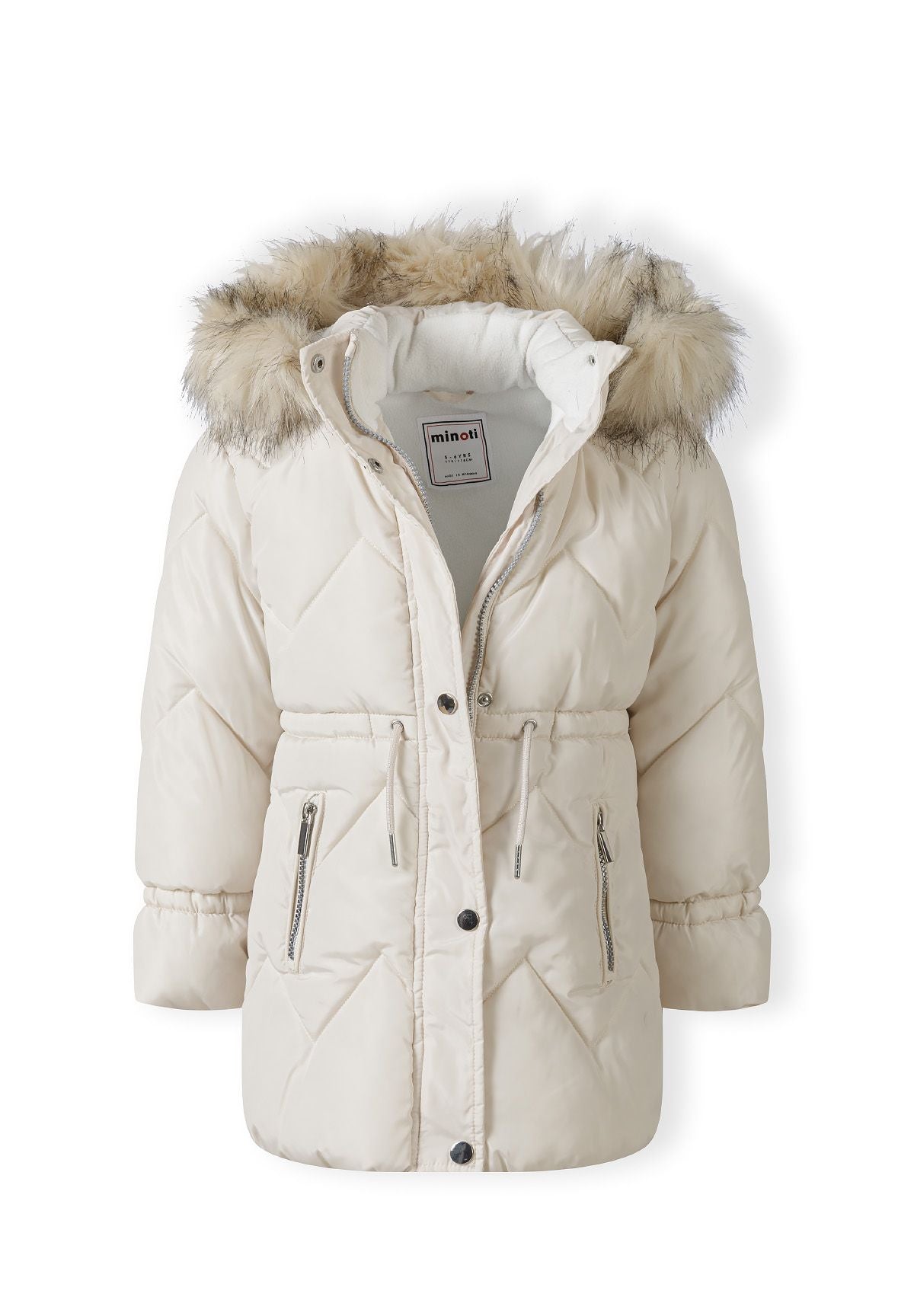 Cream longline coat partly open, showing its zip, snap placket and fluffy trimmed hood.