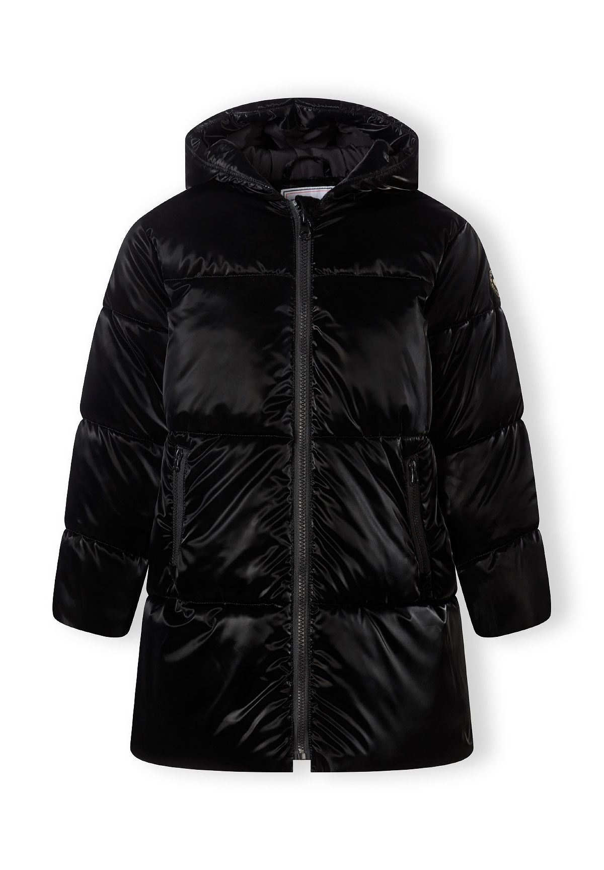 Front of a shiny black hooded longline coat with wide quilting and two vertical zip pockets.