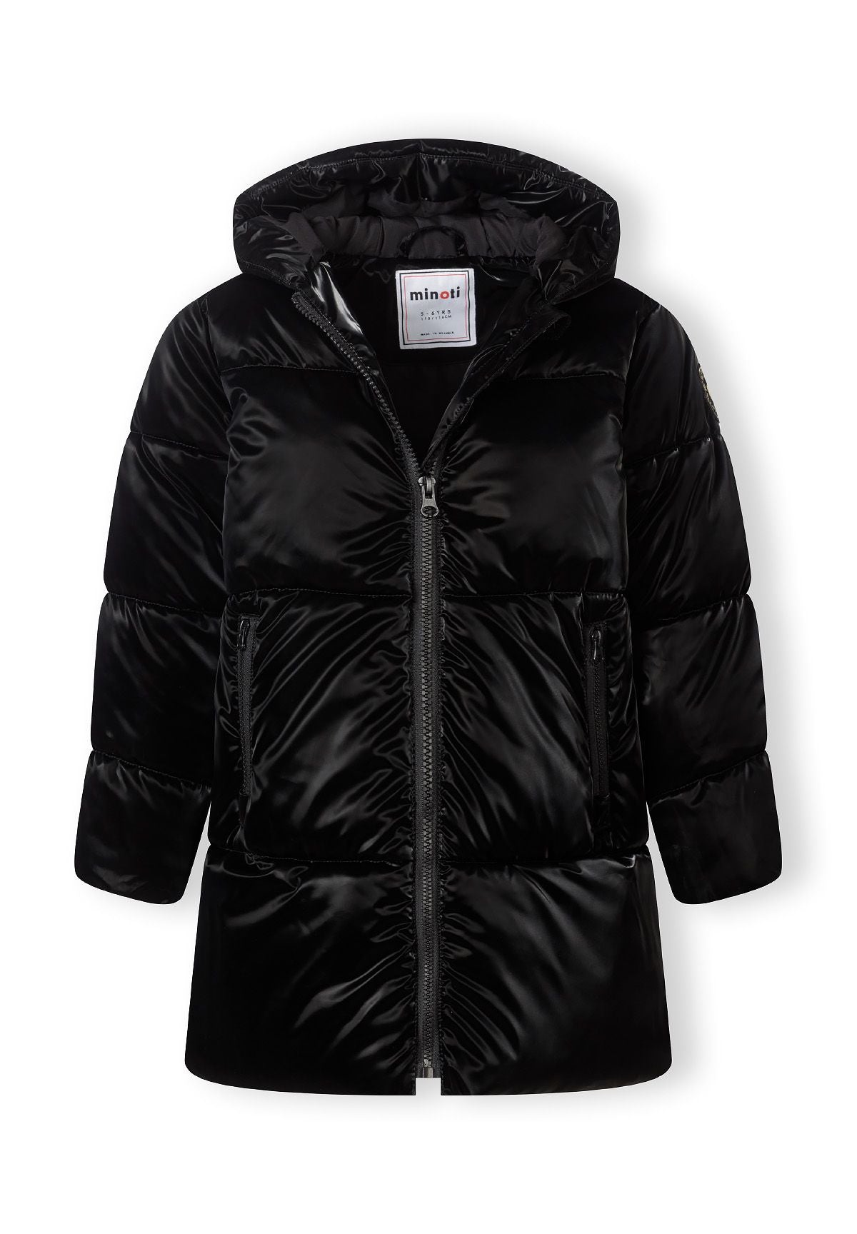 Black longline puffer coat partly unzipped, showing black hood lining and two side zip pockets.