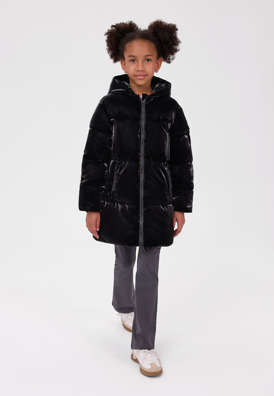Lange glänzende Winterjacke für Mädchen in Schwarz mit Kapuze und Quersteppung