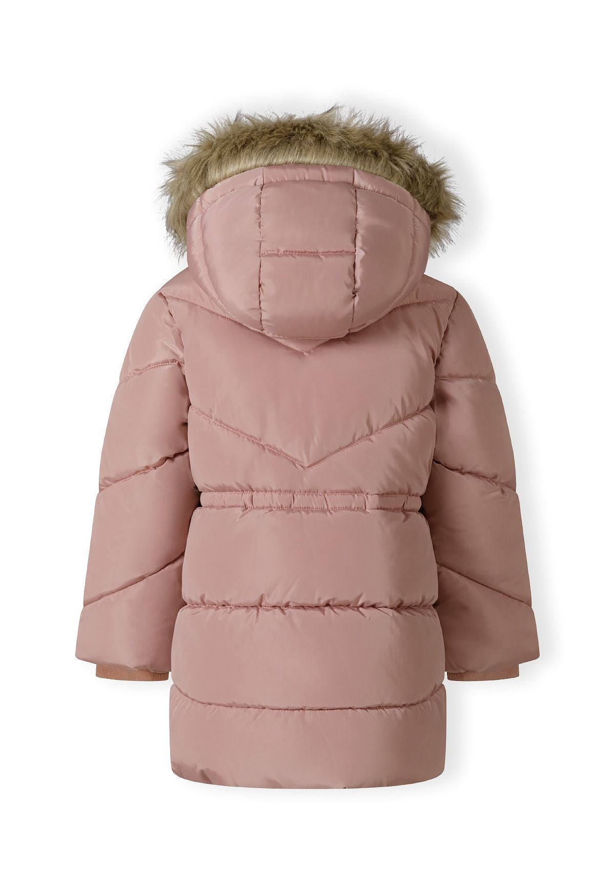 Back of a dusty pink quilted coat with a fluffy edged hood, V-shaped shoulder quilting and gathered waist.