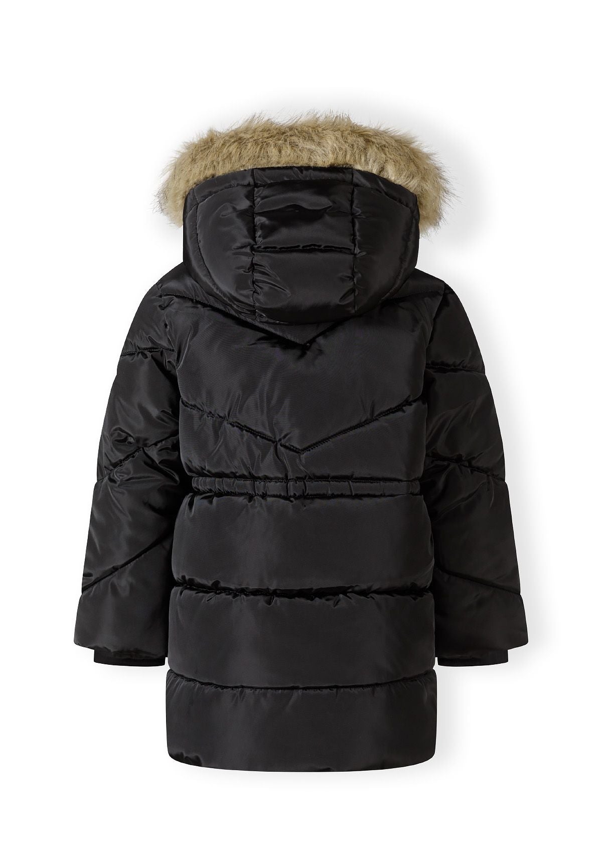Back view of a long black padded coat with faux-fur hood trim and V-shaped upper quilting.