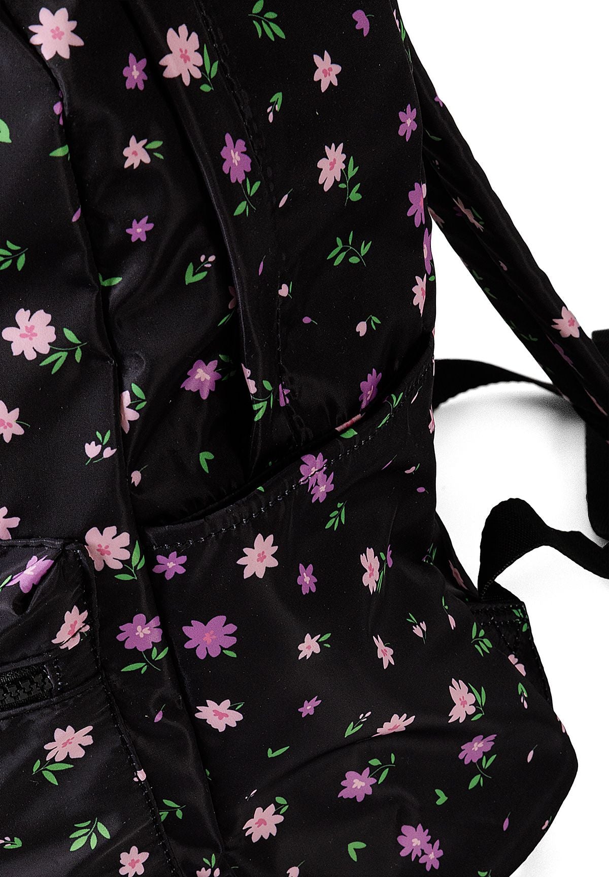 Zwarte rugzak met bloemenprint voor meisjes, detail van het zijvak.