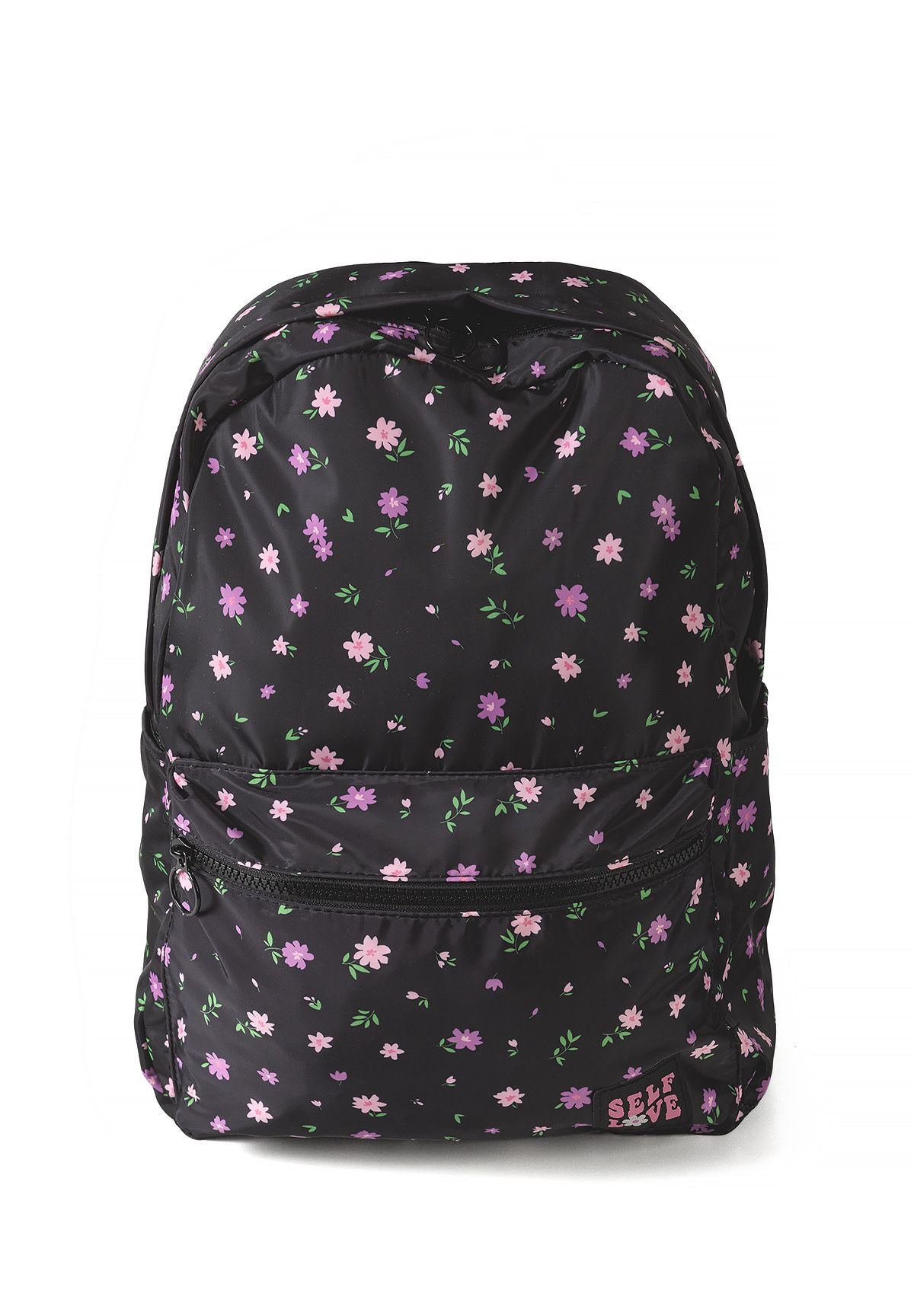 Zwarte rugzak met bloemenprint voor meisjes, voorkant.