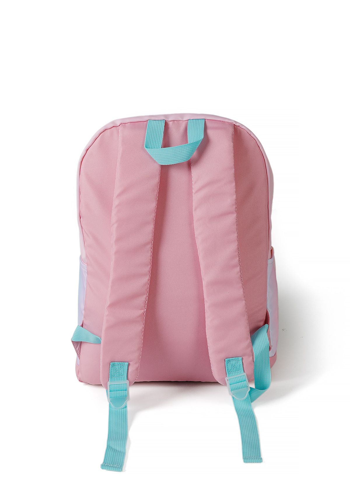 Roze regenboogrugzak voor meisjes, met gewatteerde schouderbanden.