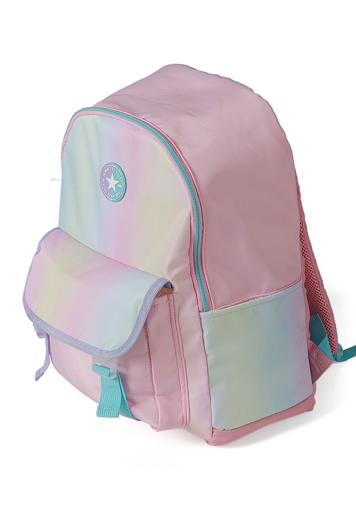 Roze regenboogrugzak voor meisjes, zijaanzicht.