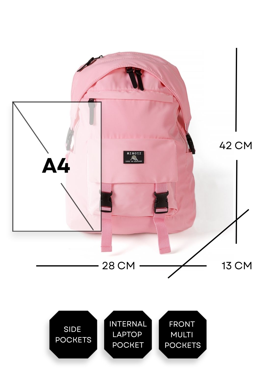 Roze meisjesrugzak met voorvakken, maattabel met A4-vergelijking.