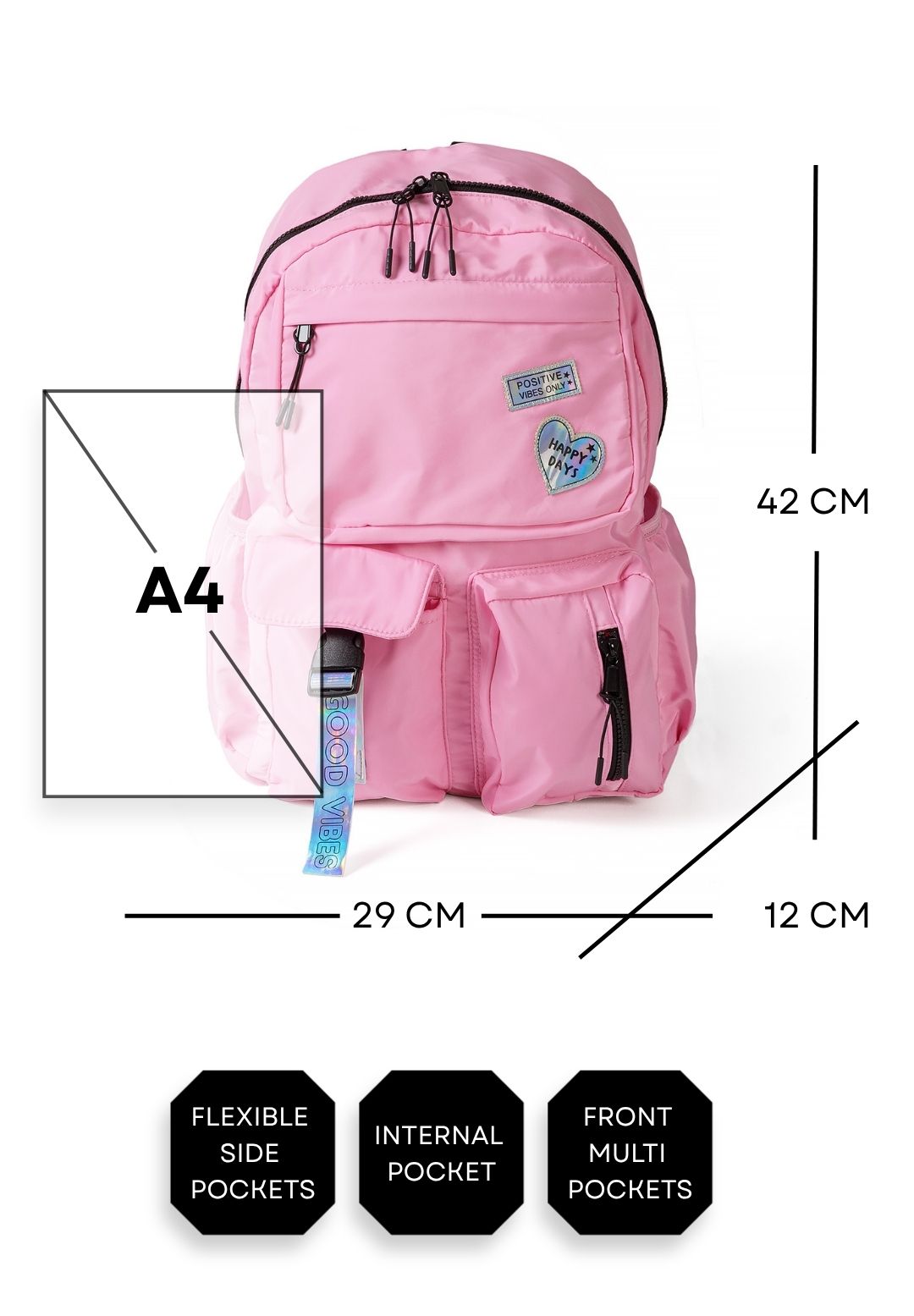Roze rugzak voor meisjes met glanzende badges, maattabel met A4-vergelijking.