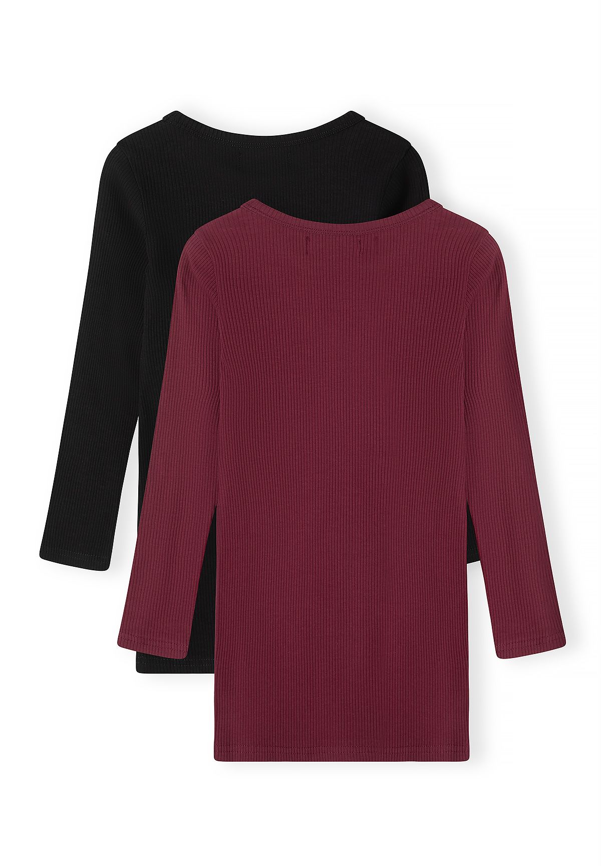 Back of burgundy and black long-sleeved ribbed shift dresses.
