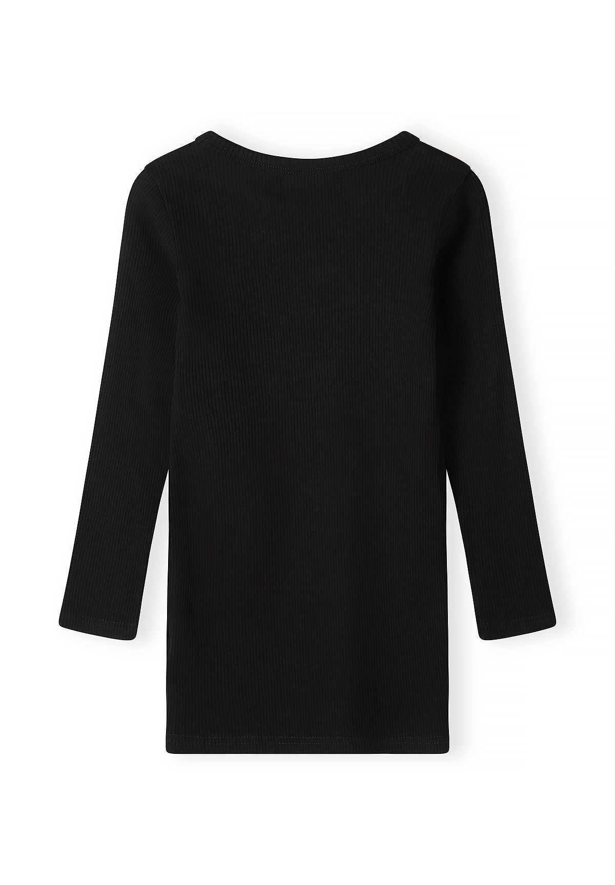 Back of black straight-cut ribbed dress with long sleeves.