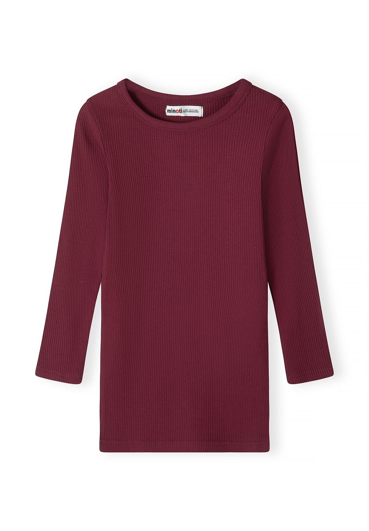 Front of burgundy ribbed dress with round neck and long sleeves.
