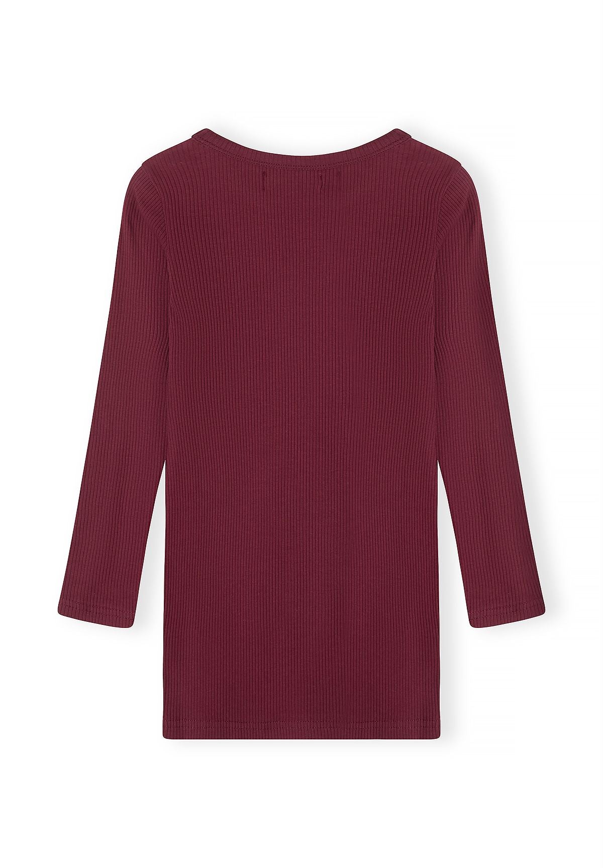 Back of burgundy long-sleeved ribbed dress with straight hem.