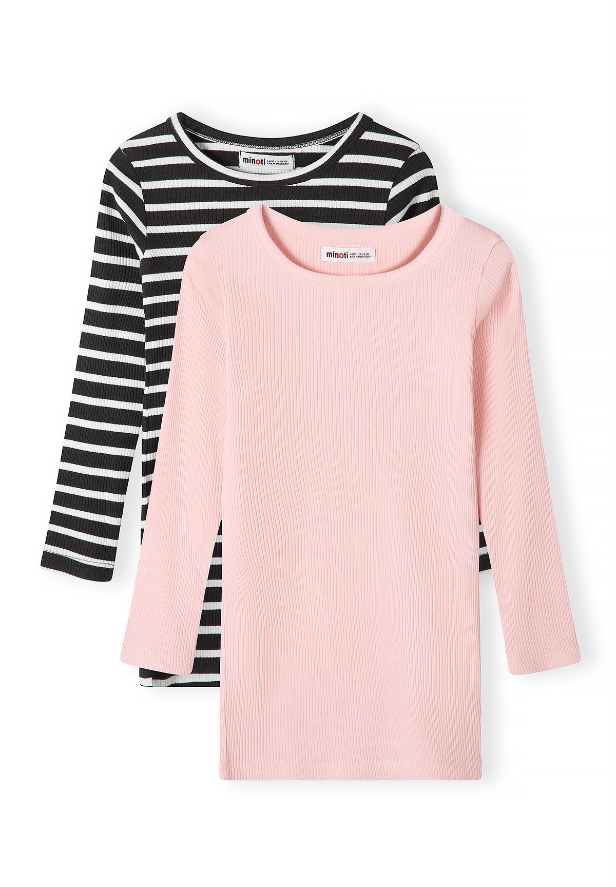 Front of pale-pink and black-and-white striped long-sleeved ribbed dresses.