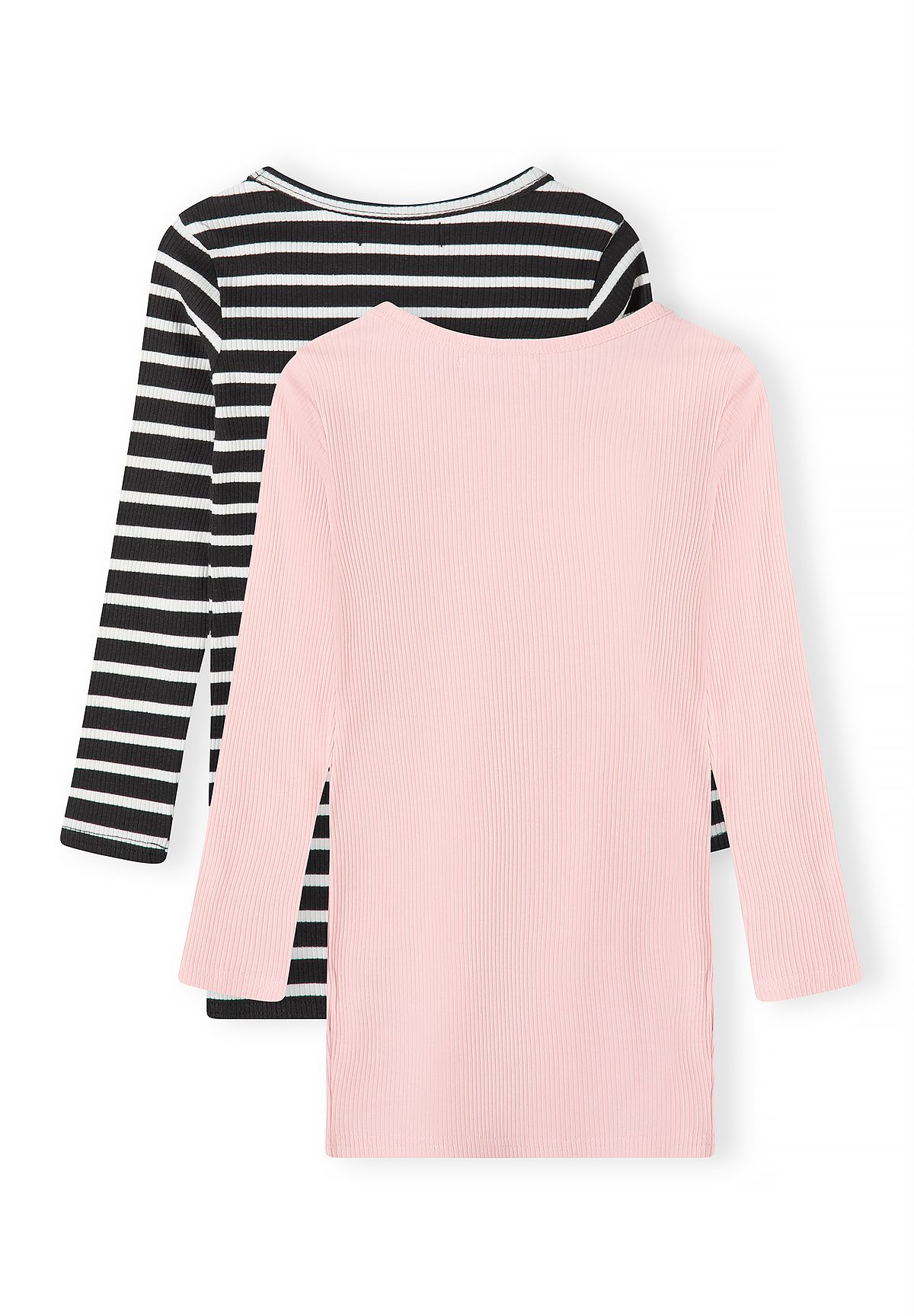 Back of pale-pink ribbed and black-and-white striped straight dresses.