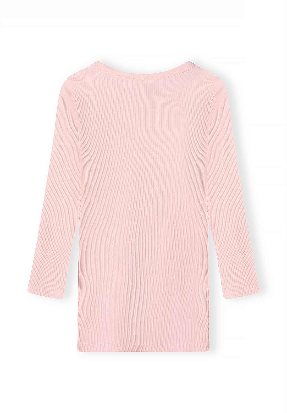Back of pale-pink vertically ribbed dress with straight hem.