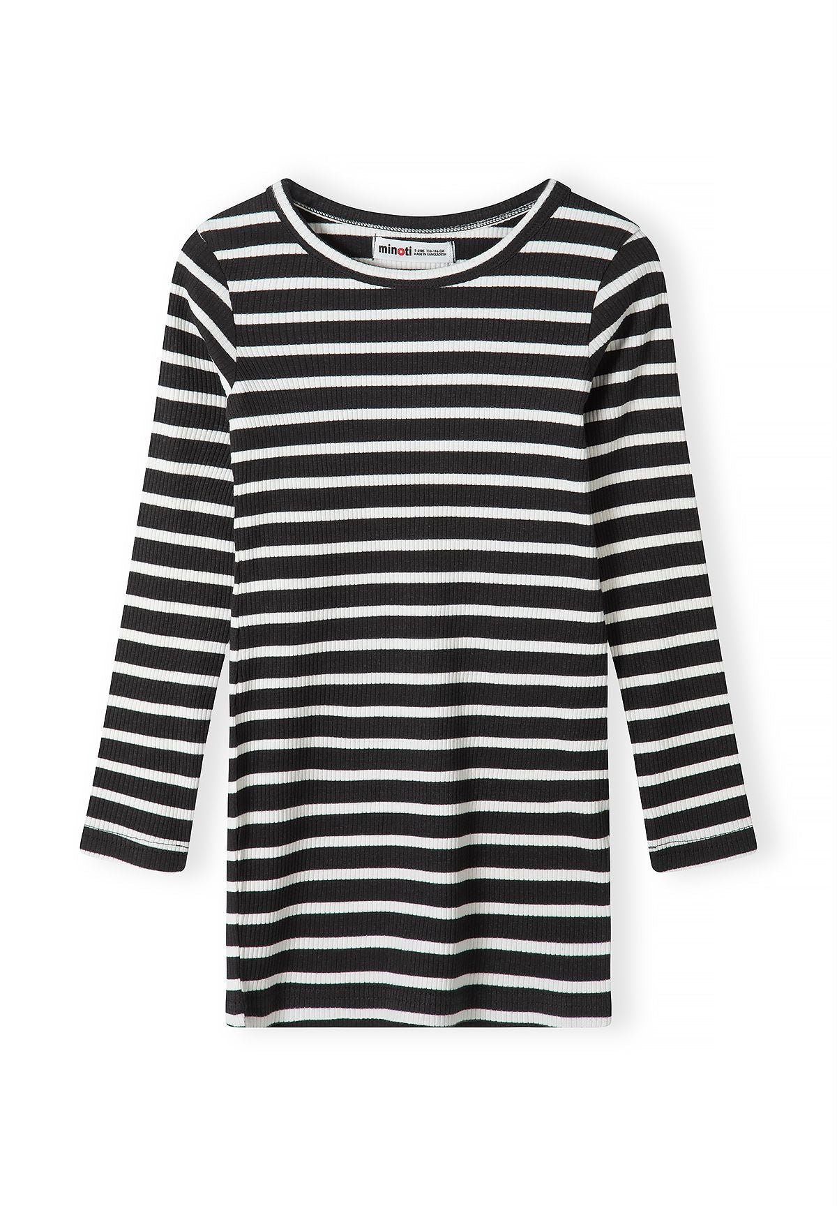 Front of black ribbed dress with narrow white horizontal stripes.