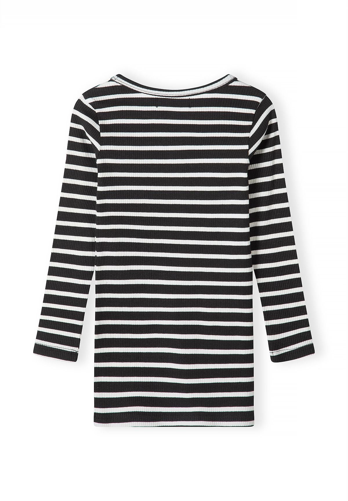 Back of black-and-white striped long-sleeved straight ribbed dress.