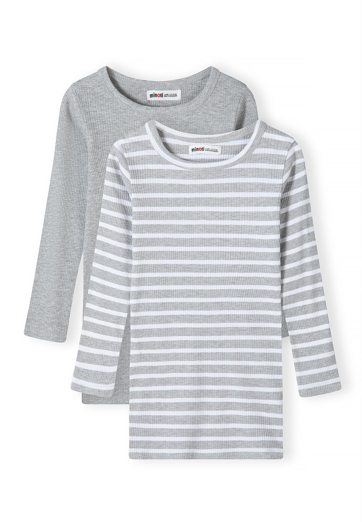 Front of plain grey and grey-and-white striped long-sleeved ribbed dresses.