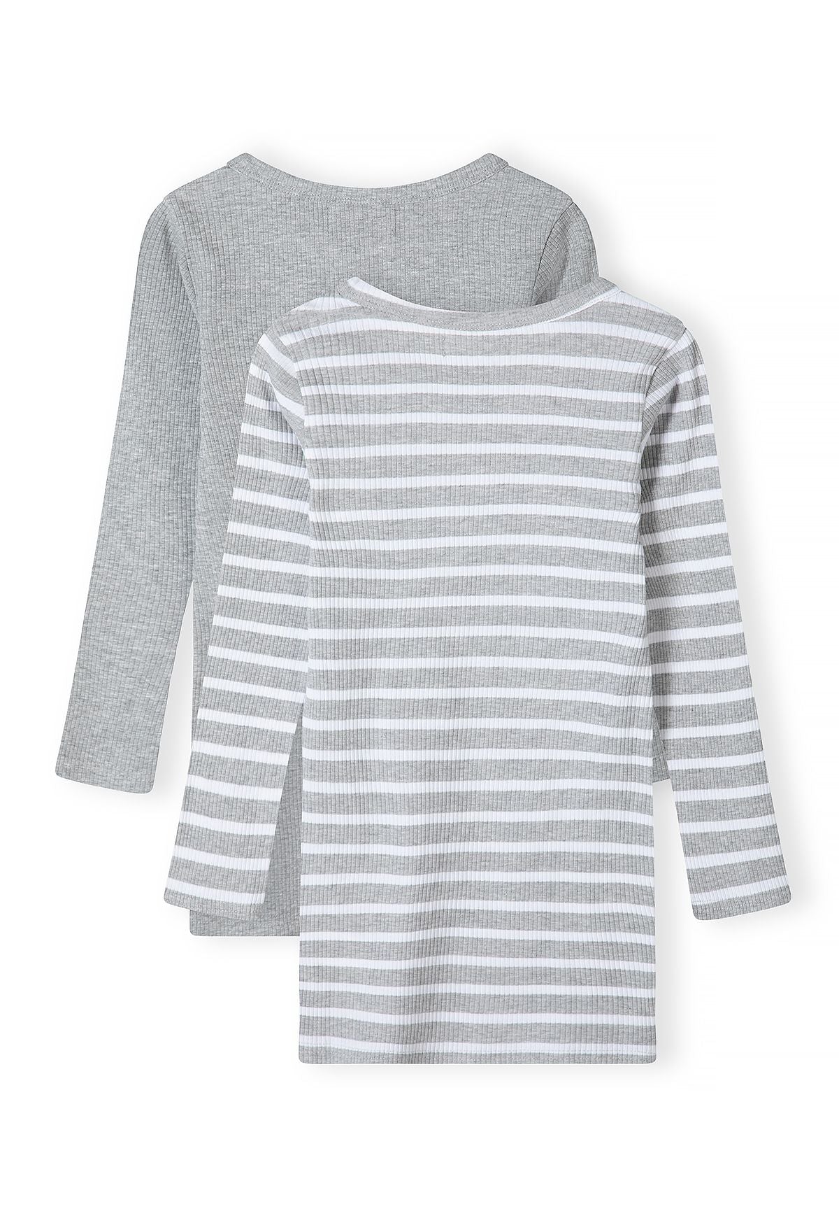 Back of plain grey and white-striped grey ribbed dresses with straight hems.
