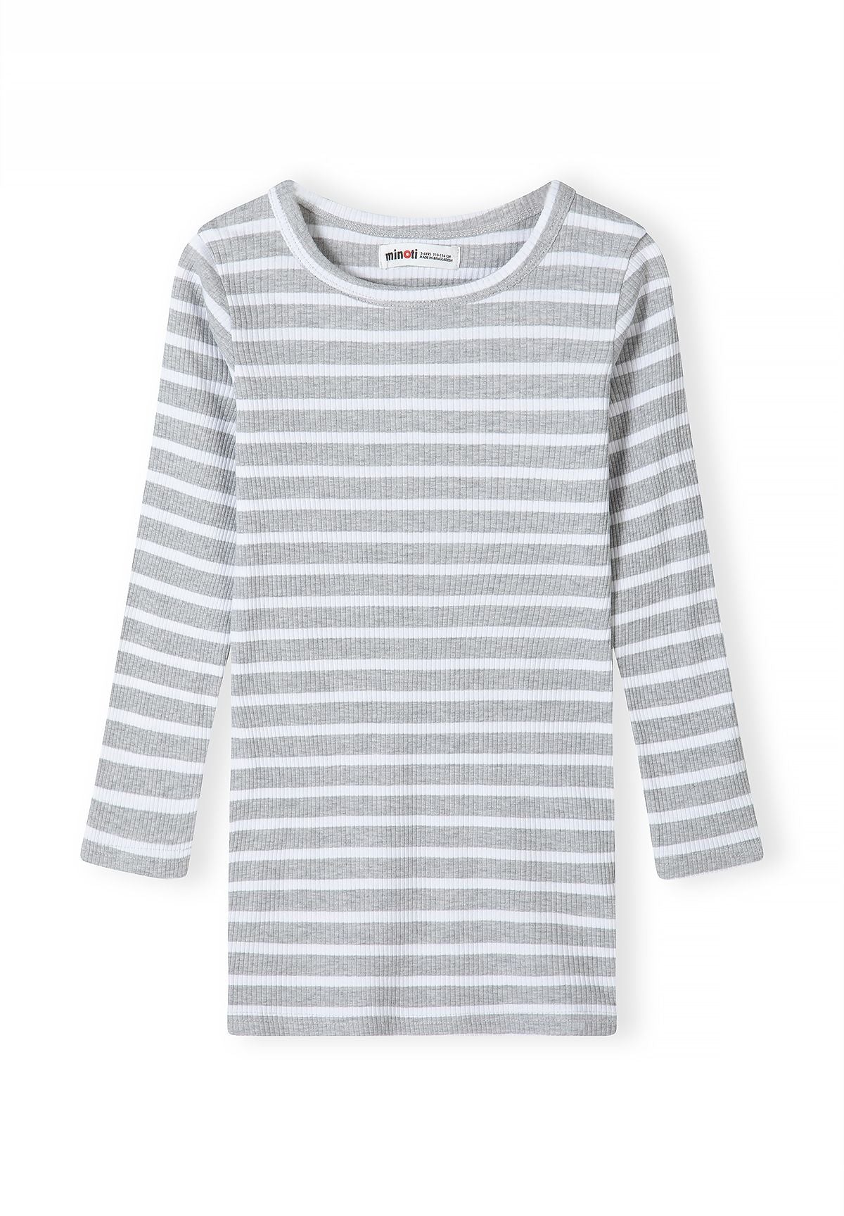 Front of grey-and-white horizontal-striped ribbed dress with round neck.