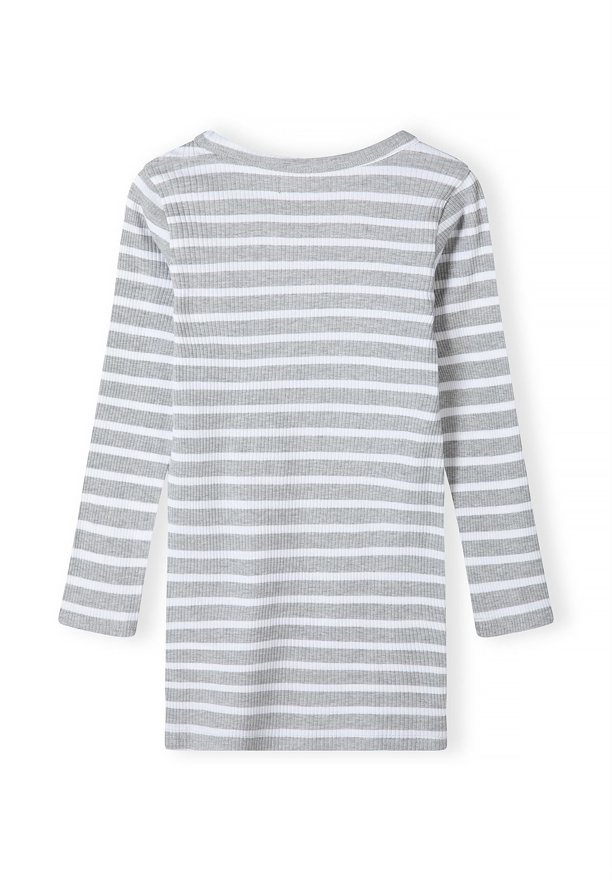 Back of grey-and-white striped long-sleeved dress with straight skirt.