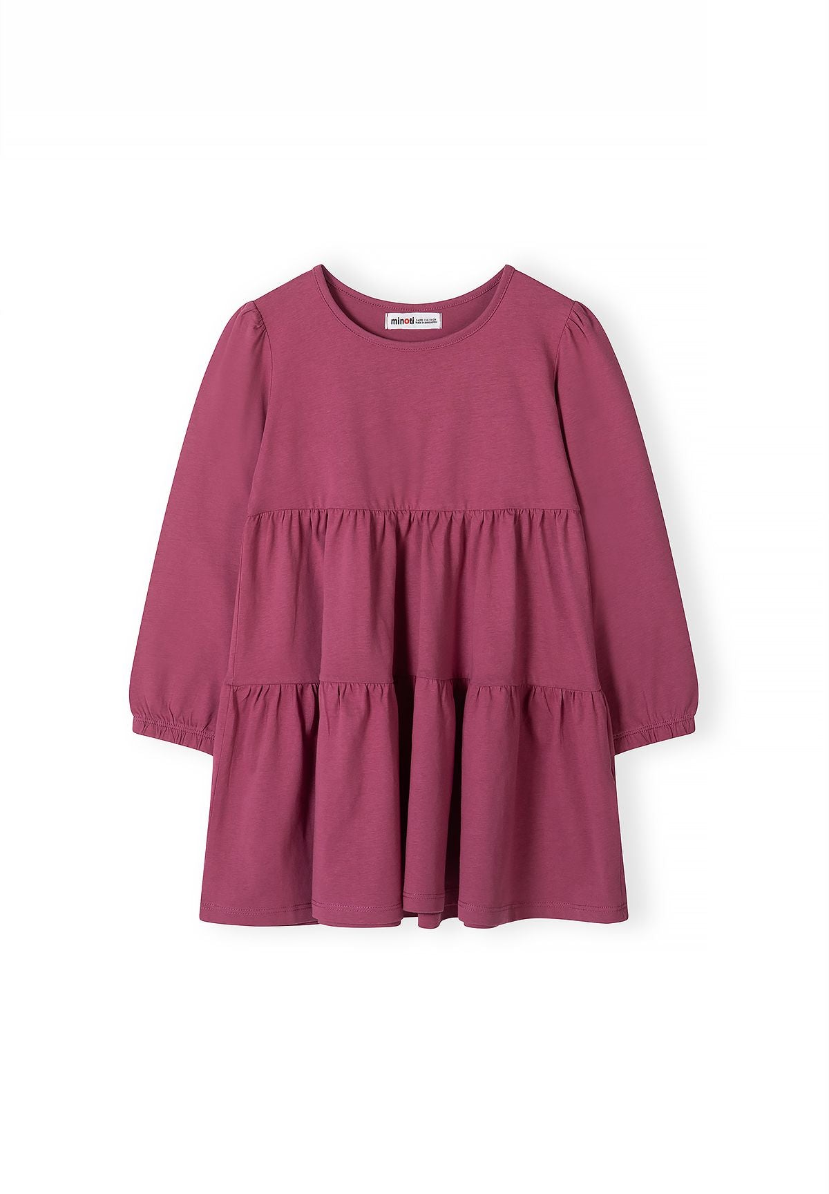 Front of berry-pink tiered dress with round neck and elastic-cuff sleeves.