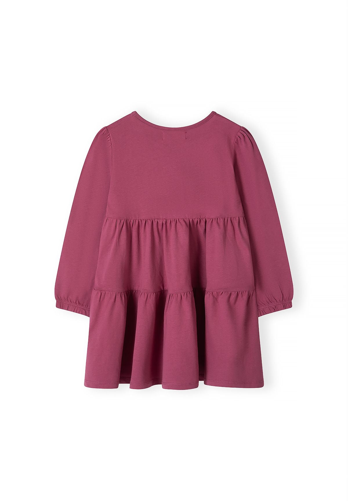 Back of berry-pink girls' dress with long sleeves and two gathered tiers.