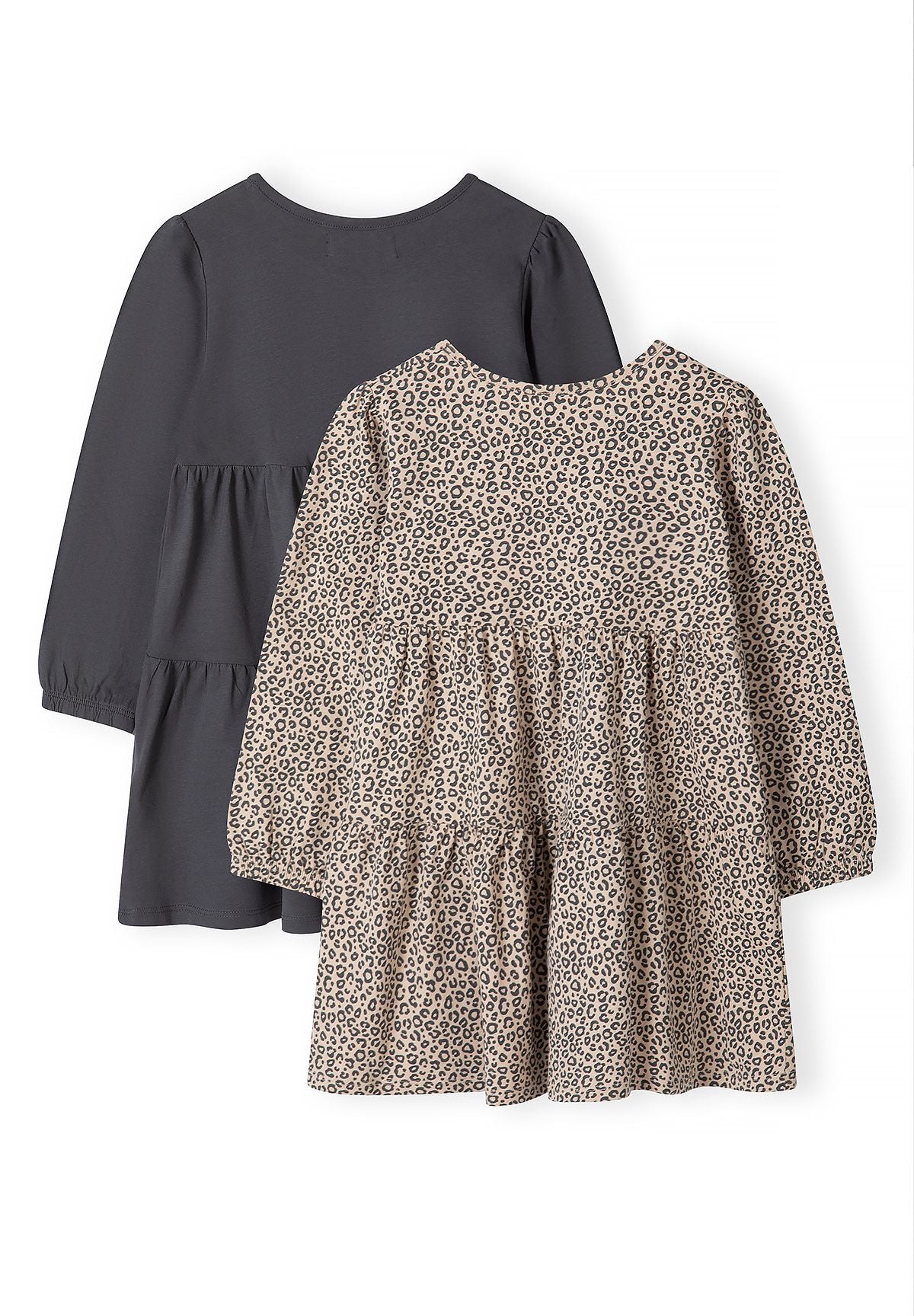 Back of plain charcoal and leopard-print tiered dresses with gathered skirts.